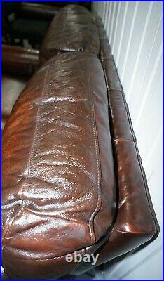 Two Seater Leather Brown/burgundy Sofa, Attached Cushions & Rounded Wedge Arms