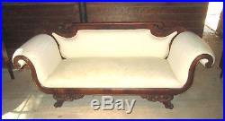 Unique Antique American Empire upholstered mahogany sofa circa 1820, claw feet