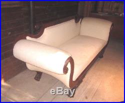 Unique Antique American Empire upholstered mahogany sofa circa 1820, claw feet