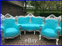 Unique Antique Sofa/Settee/Couch Set with 2 Chairs in Blue Baroque Style