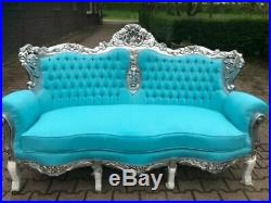Unique Antique Sofa/Settee/Couch Set with 2 Chairs in Blue Baroque Style