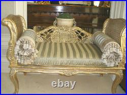 Unique Carved Cane Vintage Antique Upholstered Recamier Chaise Settee Sofa