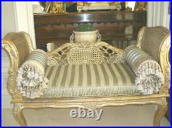 Unique Carved Cane Vintage Antique Upholstered Recamier Chaise Settee Sofa