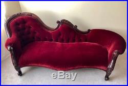 VICTORIAN RED VELVET SOFA with Carved POMEGRANATES Antique Couch Wood Carvings