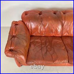 VINTAGE 1970s MID CENTURY ITALIAN COGNAC BROWN LEATHER BUTTONED SOFA # 3714