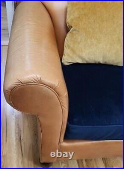 VINTAGE Large ITALIAN Brown LEATHER & Blue Fabric Upholstered 101 SOFA Couch
