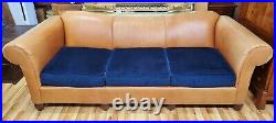 VINTAGE Large ITALIAN Brown LEATHER & Blue Fabric Upholstered 101 SOFA Couch