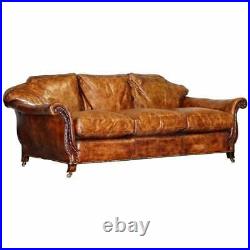Very Rare Fully Restored Gentleman's Club Brown Leather Feather Filled Sofa