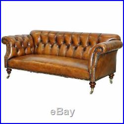 Very Rare Victorian Howard & Sons Fully Restored Brown Leather Chesterfield Sofa