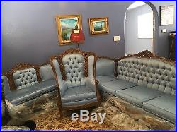 Victorian 3-piece Louis XV sofa, loveseat and chair. Color Med Blue Brocade, C