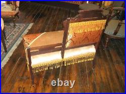 Victorian Aesthetic Movement Settee, Bustle Chair. New upholstery withfringe