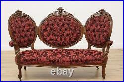 Victorian Antique 3 pc. Carved Walnut Settee & Chair Set #48364