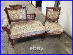 Victorian Antique Eastlake Sette Love Seat/Bustle Bench & Chair Set Carved Wood