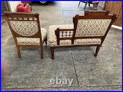 Victorian Antique Eastlake Sette Love Seat/Bustle Bench & Chair Set Carved Wood