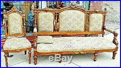Victorian Antique Walnut ornate lion cat face motif Sofa Settee couch & Chair
