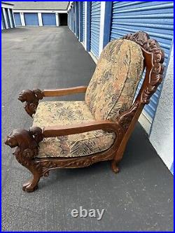 Victorian Carved Lion Head And Claw Feet Sofa And 2 Matching Chairs