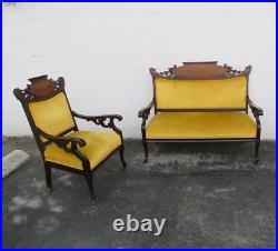 Victorian Carved Lion Heads Inlay Parlor Set Loveseat Settee and a Chair 3650