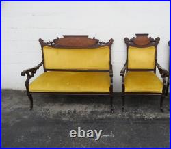 Victorian Carved Lion Heads Inlay Parlor Set Loveseat Settee and a Chair 3650