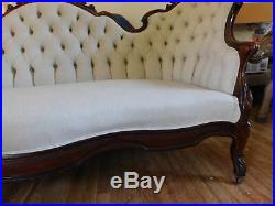 Victorian Carved Sofa Mahogany Off-White Linen Type Fabric 40H 83 3/4W