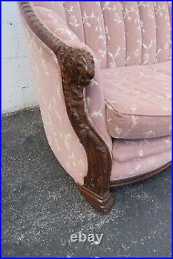 Victorian Early 1900s Hand Carved Lion Head Claw Feet Large Sofa Couch 4020