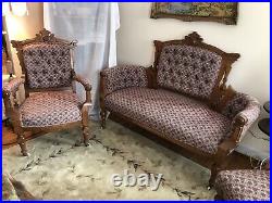 Victorian Eastlake Parlor Set Walnut Settee And Matching Chairs. Excellent