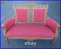 Victorian Eastlake Style Settee Sofa Carved Wood Red Upholstery