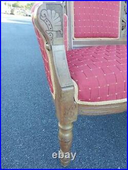 Victorian Eastlake Style Settee Sofa Carved Wood Red Upholstery