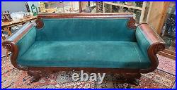 Victorian Era Neo-classical Green Velvet Sofa Hand Carved Lions Feet Scroll Ends
