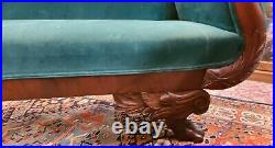 Victorian Era Neo-classical Green Velvet Sofa Hand Carved Lions Feet Scroll Ends