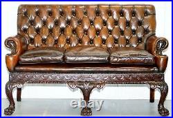 Victorian Georgian Irish Brown Leather Chesterfield Sofa Lion Hairy Paw Feet