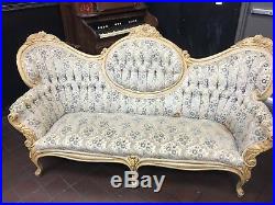 Victorian Loveseat Settee Sofa with Center Medallion & Tuffed Damask Fabric