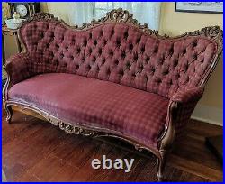 Victorian Mahogany Rose Carved Wine Color Tuffted Fabric Sofa LOCAL PICK UP