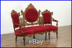 Victorian Renaissance 1870 Antique Carved Walnut Sofa, Velvet Upholstery #28643