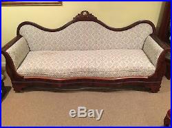 Victorian SOFA Mahogany Serpentine Back HAND Carved Crest Rolled Arms Antique