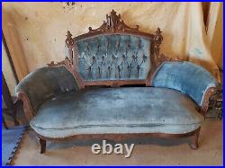 Victorian Settee And Captains Chair Restored Blue Velvet