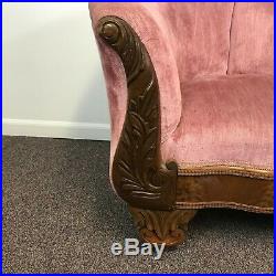 Victorian Settee with Rose Carved Detail Upholstered in Pink Velvet
