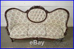 Victorian Style Carved Mahogany Frame Tufted Cameo Back Sofa