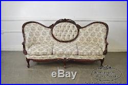 Victorian Style Carved Mahogany Frame Tufted Cameo Back Sofa