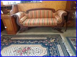 Victorian empire chaise love seat couch chair rolled arms claw feet striped