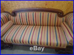 Victorian empire chaise love seat couch chair rolled arms claw feet striped