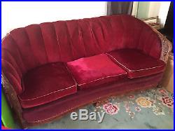Vintage 1930's Art Deco Burgundy Mohair Sofa & Chair Set with Wood Trim