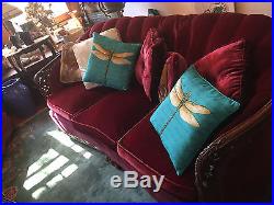 Vintage 1930's Art Deco Burgundy Mohair Sofa & Chair Set with Wood Trim