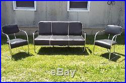 Vintage 1930s Mid century modern Lloyd Chrome Sofa + Chair Set Black Mint MCM