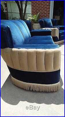 Vintage 1940's Art Deco Velvet Mohair Royal Blue and Tan Couch & Chair Furniture