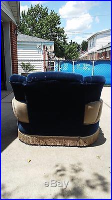 Vintage 1940's Art Deco Velvet Mohair Royal Blue and Tan Couch & Chair Furniture