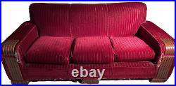 Vintage 1940s Hallagan Furniture Sofa & Chairs Set, Carved Wood Front, Art Deco