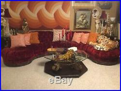 Vintage 1970s Elvis Red Velvet Sofa Couch Two Piece Horseshoe Sectional
