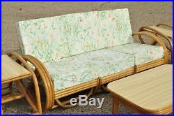 Vintage 5 Pc Beverly Hills Rattan Bamboo Pretzel Sunroom Living Room Sofa Set