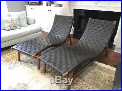Vintage 60-70 Mid Century Woven Leather Danish Chaise Lounge Chair White Gl Ship