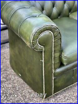 Vintage Antique English Green Tufted Leather Chesterfield Sofa And Chairs Set